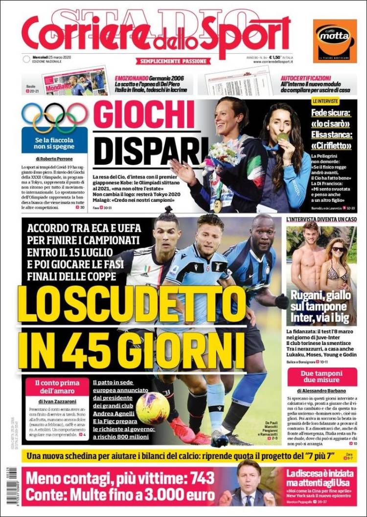 Noticias deportivas en los periódicos del mundo de 25 de marzo de 2020