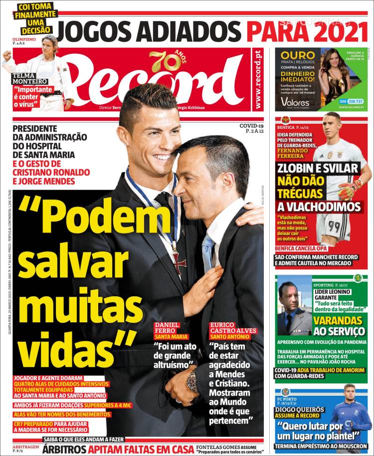 Noticias deportivas en los periódicos del mundo de 25 de marzo de 2020