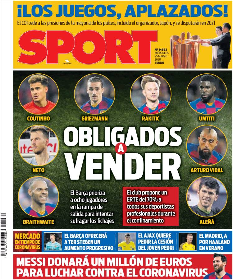 Noticias deportivas en los periódicos del mundo de 25 de marzo de 2020