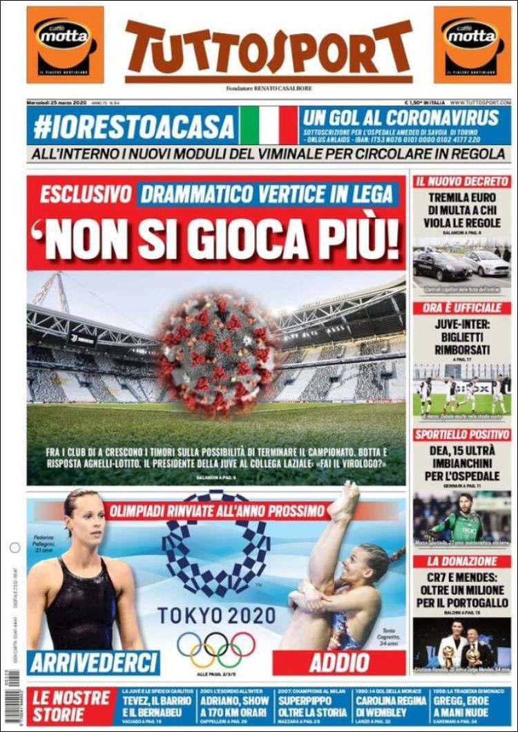 Noticias deportivas en los periódicos del mundo de 25 de marzo de 2020