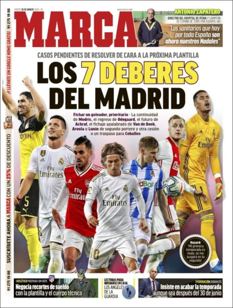 Noticias deportivas en los periódicos del mundo de 26 de marzo de 2020