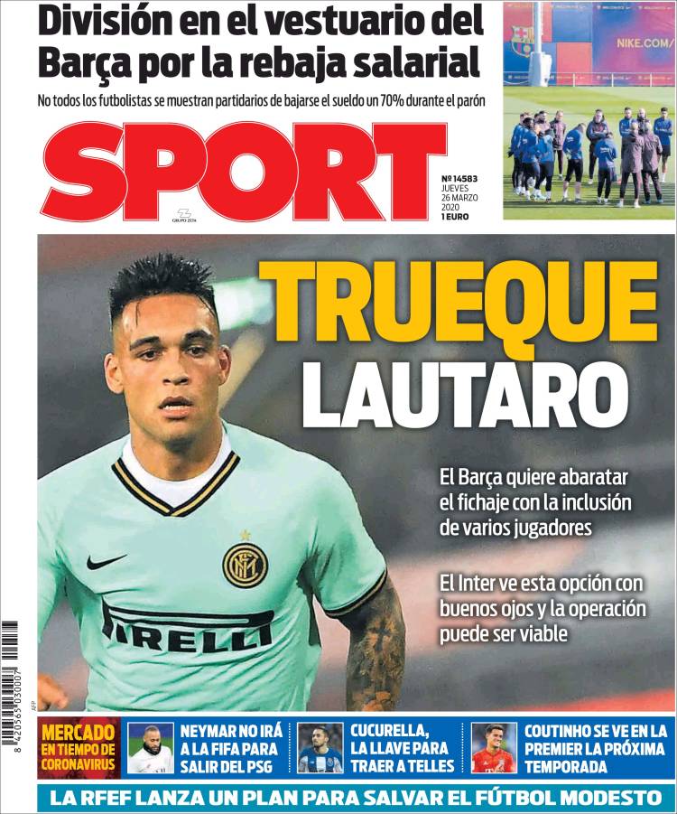 Noticias deportivas en los periódicos del mundo de 26 de marzo de 2020
