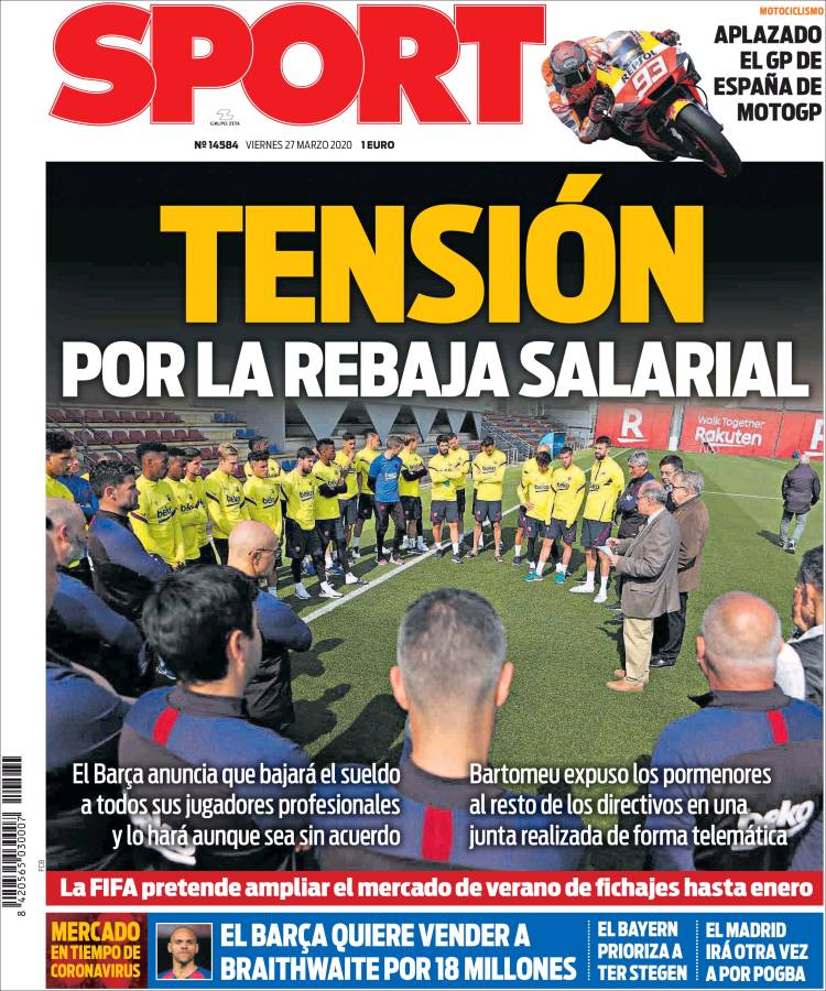Portada Sport de España de 27 de marzo de 2020
