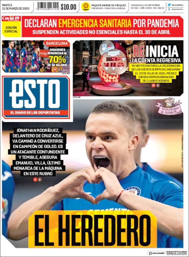 Portadas de principales periódicos del mundo de 31 de marzo 2020