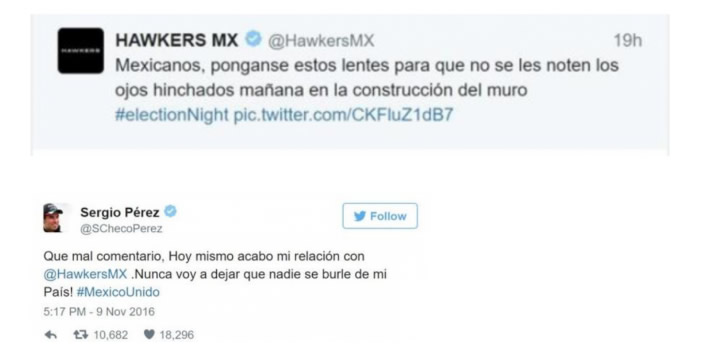 Desafortunado tuit de Hawkers burlándose de México y gran respuesta de Checo Pérez