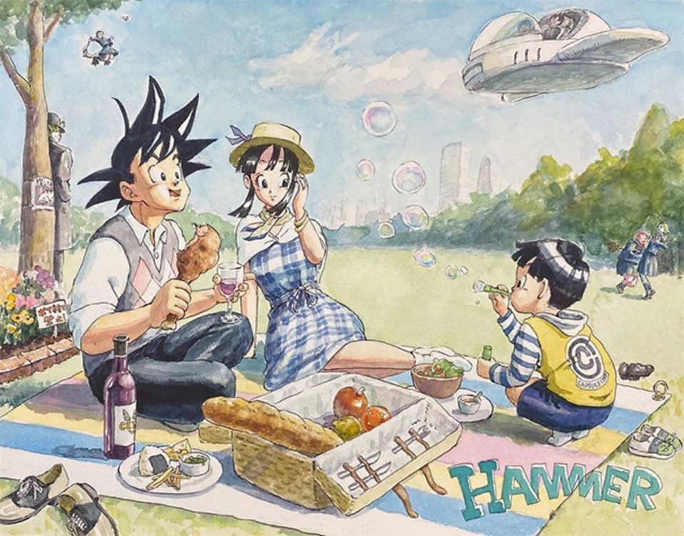 Goku, Milk y Gohan disfrutando de un pícnic