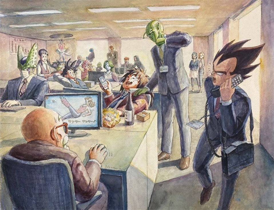 Un día normal de oficina para los personajes de Dragon Ball