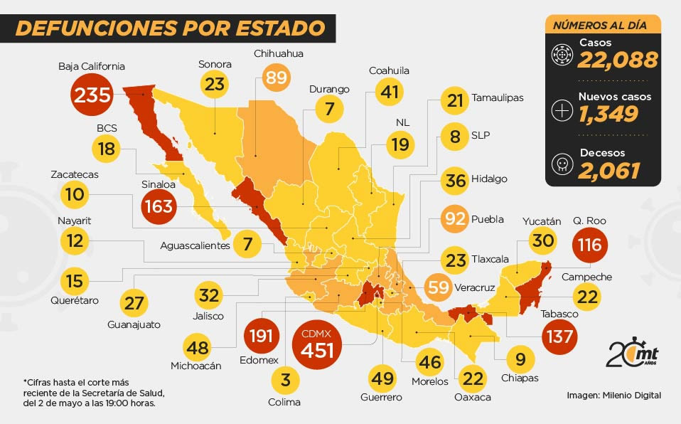Mapa de muertes por covid-19 en México del 2 de mayo de 2020.