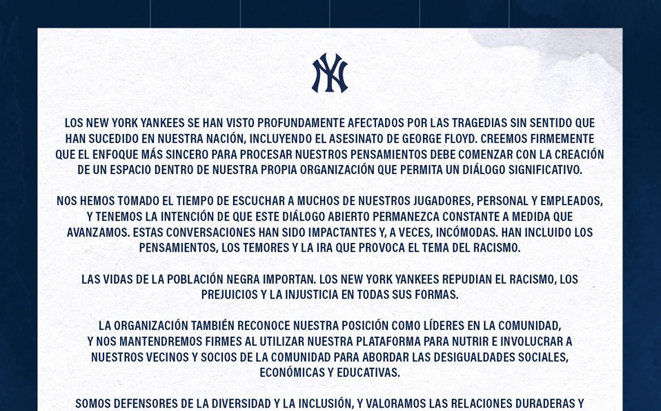 Yankees abrirá espacios para dialogar el tema del racismo