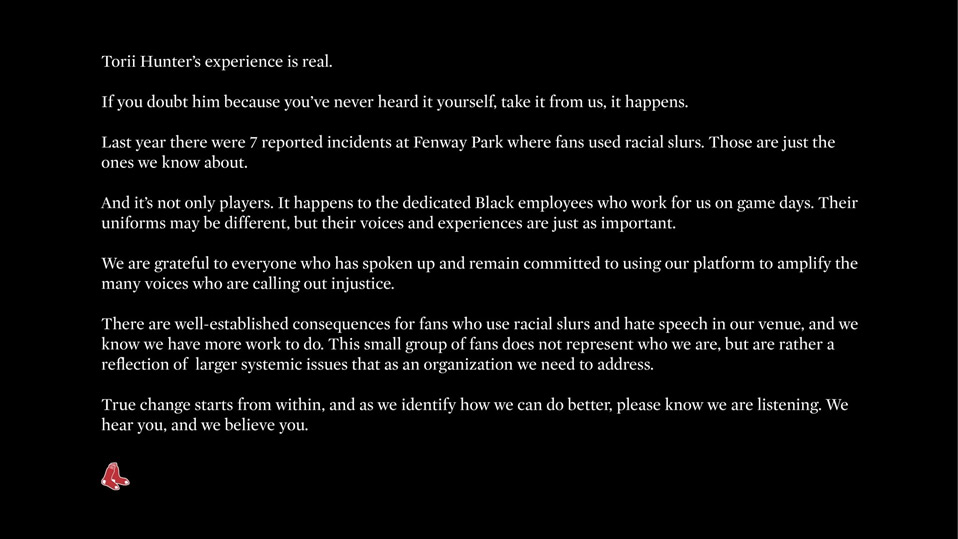 Red Sox valida historia de racismo contada por Torii Hunter