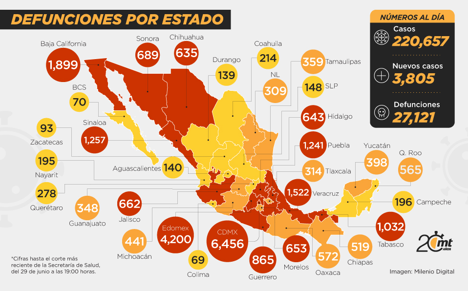 Mapa de muertes por coronavirus en México.