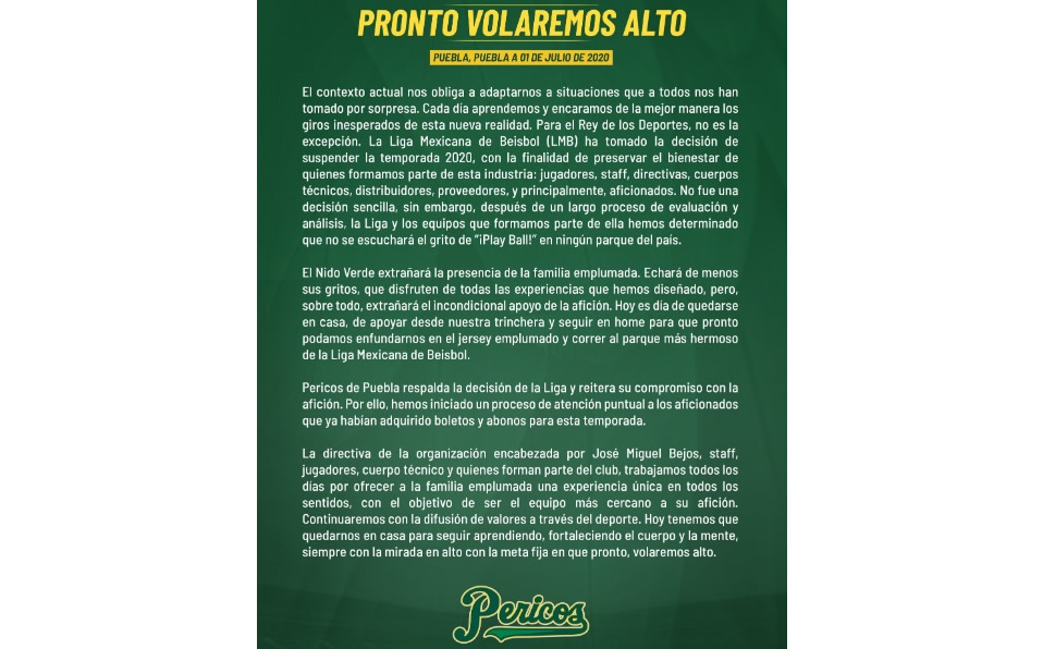 "Pronto volaremos alto": el mensaje de los Pericos de Puebla
