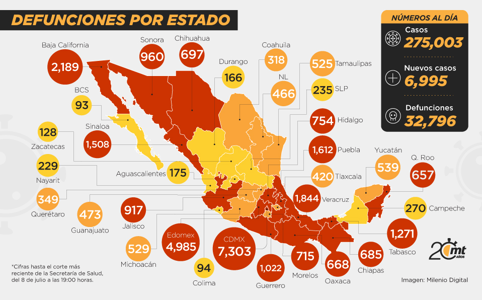 Mapa de casos por coronavirus en México.