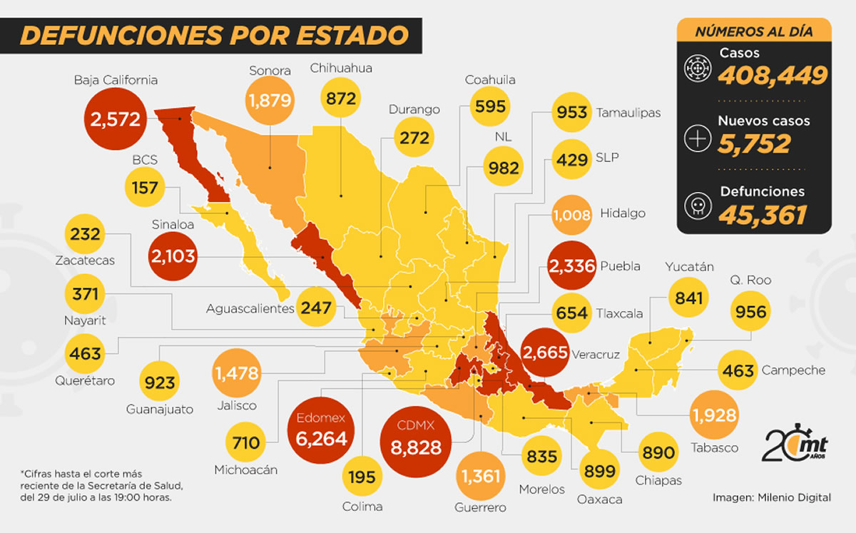 Mapa: muertes por coronavirus en México, al 29 de julio 2020