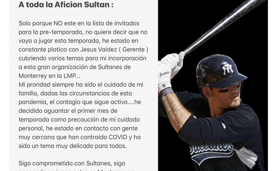 Jorge Cantú explica ausencia en entrenamientos de Sultanes