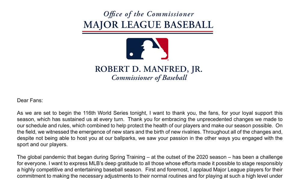 Carta de Rob Manfred a los fans y jugadores