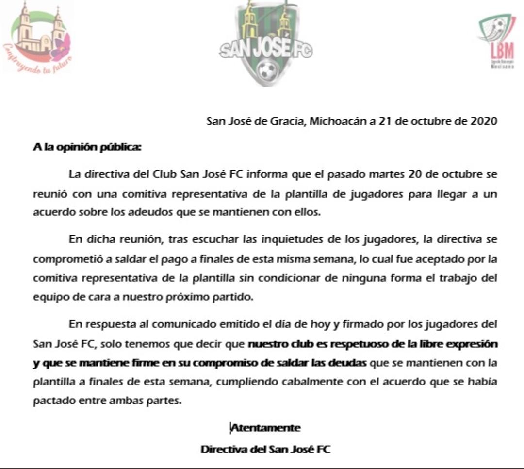 Comunicado San José y adeudos