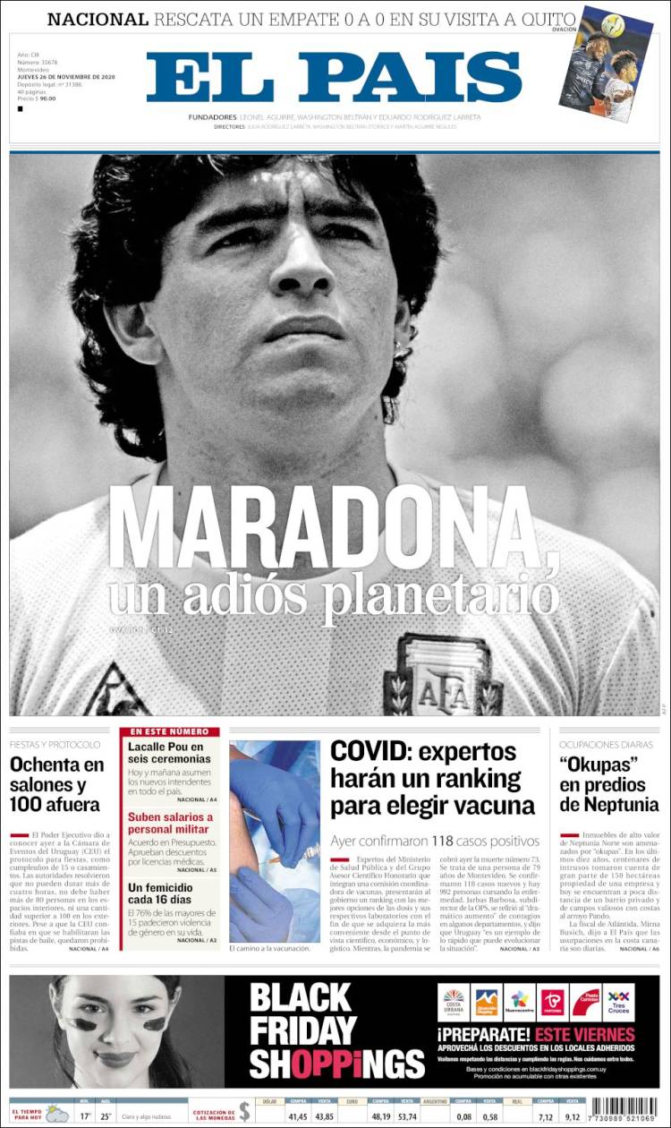 Así lucen las portadas desde Latinoamérica hasta Europa tras la muerte de Maradona.