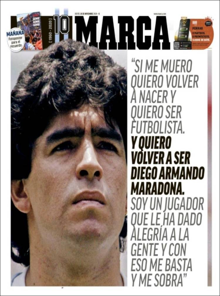 Así lucen las portadas desde Latinoamérica hasta Europa tras la muerte de Maradona.