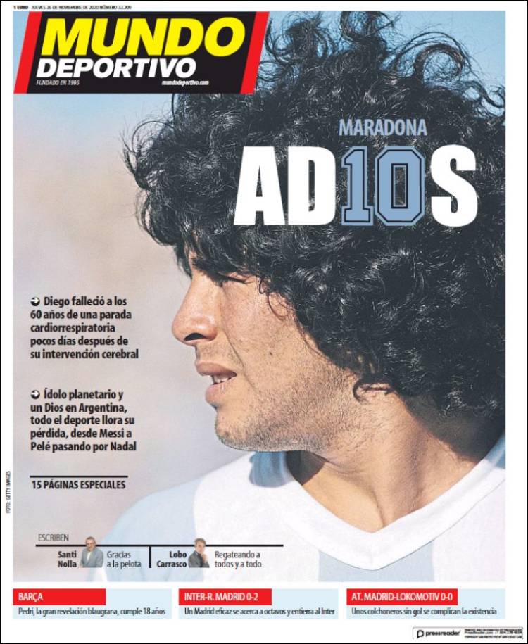 Así lucen las portadas desde Latinoamérica hasta Europa tras la muerte de Maradona.