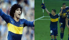 La camiseta que Maradona usó en 1981 con Boca Juniors fue mostrada por Tévez. (Foto de Twitter @Isidro_____)