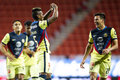 Pedro Aquino festeja su segundo gol con América (AFP)