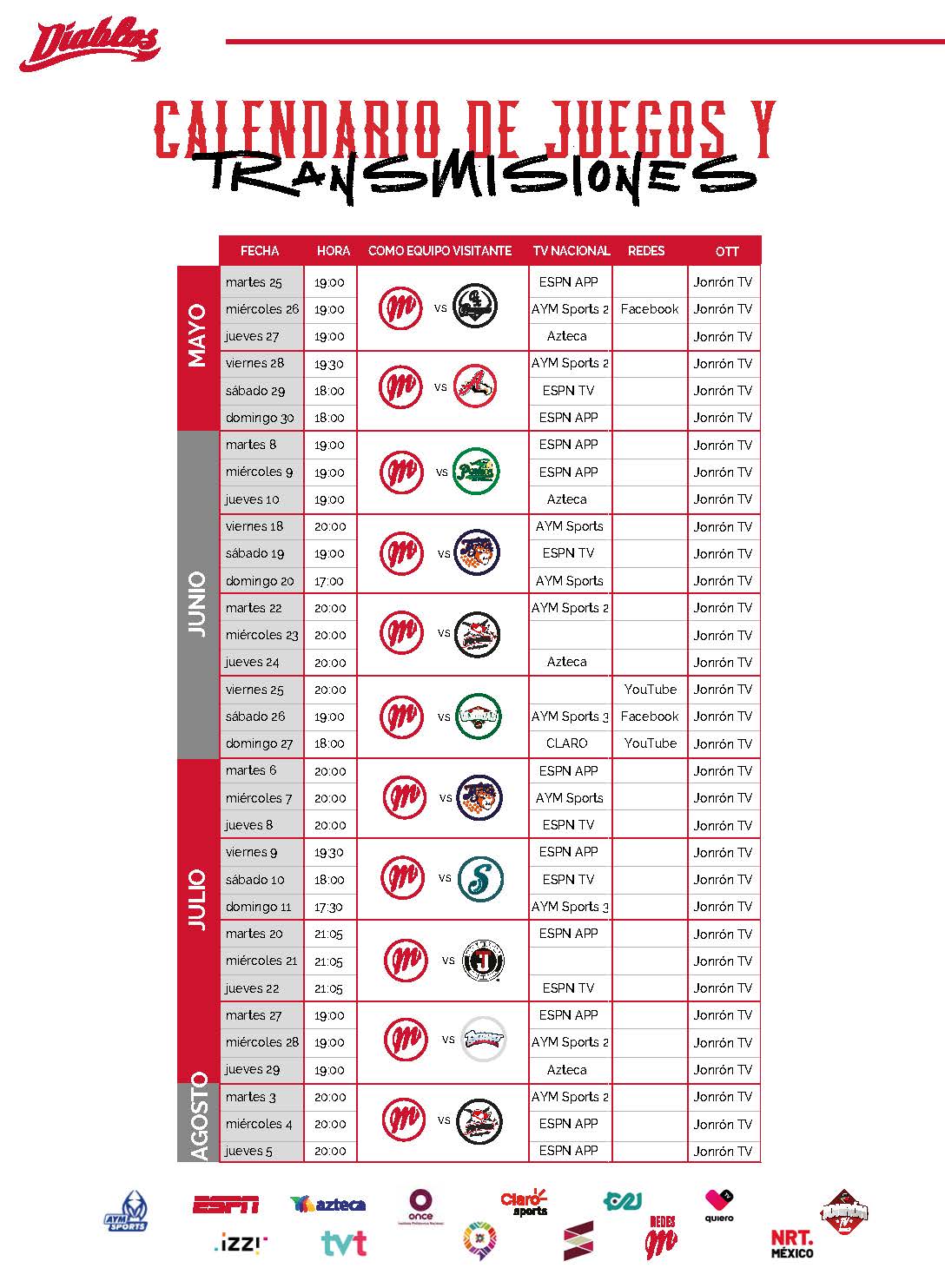 Calendario de transmisiones de los Diablos Rojos del México para la temporada 2021