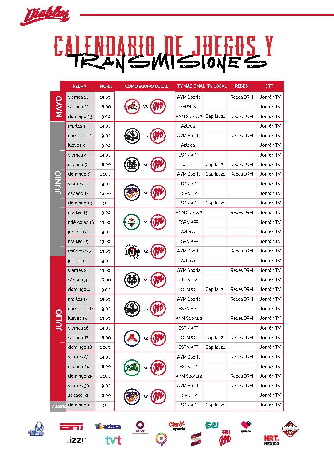 Calendario de transmisiones de los Diablos Rojos del México para la temporada 2021