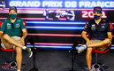 Vettel y Checo en la conferencia del GP de Francia. (Reuters)