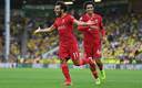 El centrocampista egipcio Mohamed Salah, celebra el tercer gol del Liverpool frente a Norwich. Foto: AFP