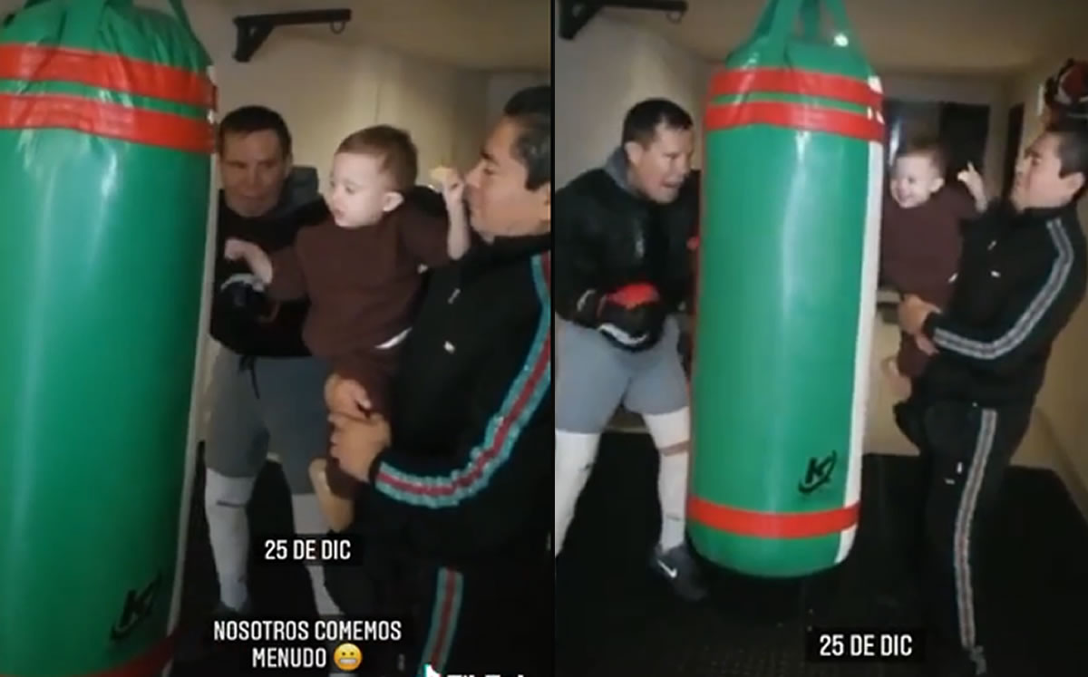 Julio César Chávez entrenando en la Navidad junto a su nieto.