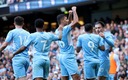 Los jugadores del City celebrando el gol de Rodri. (Reuters)