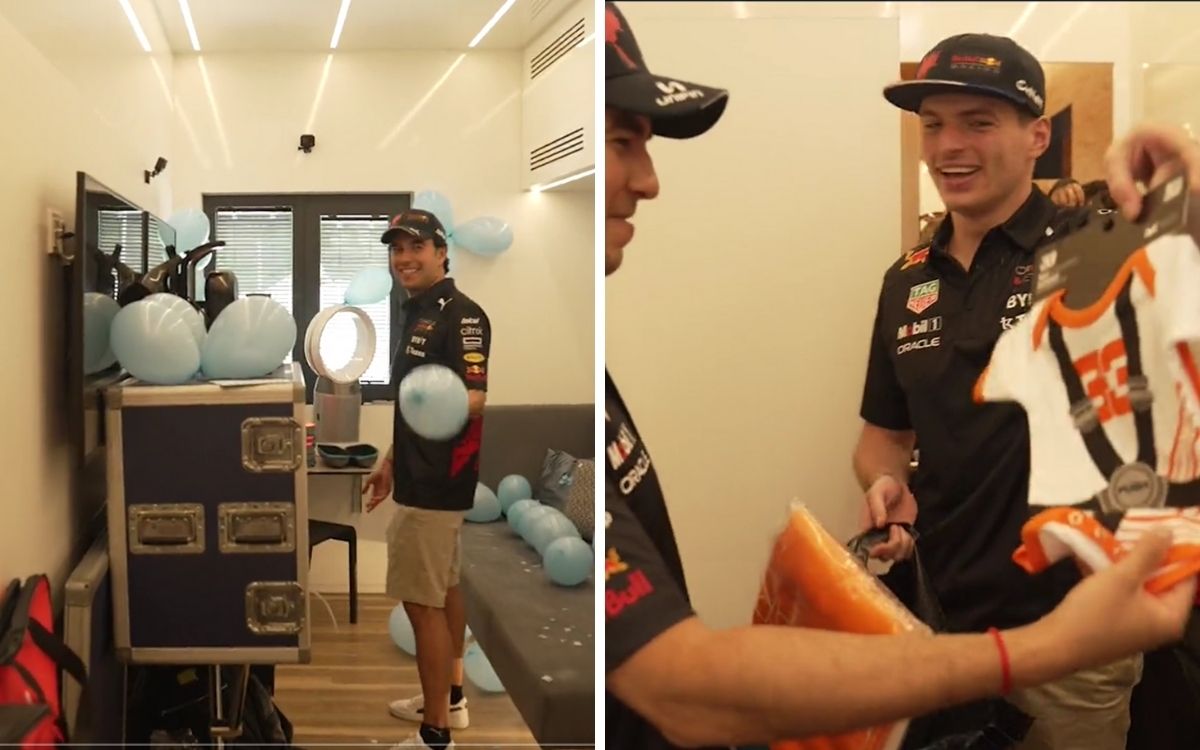Verstappen se lució con los regalos para el tercer hijo de Checo. (@redbullracing)