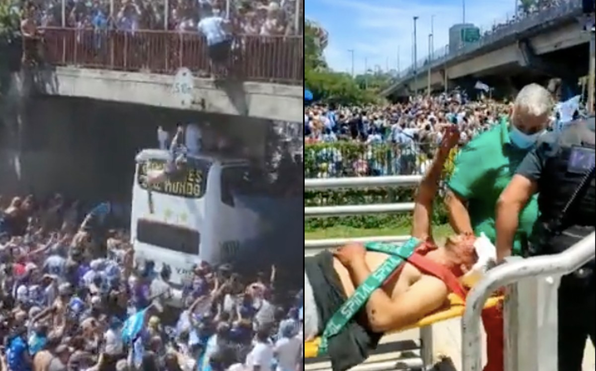 El aficionado cayó desde un puente al tratar de saltar al autobús de los campeones. Fotos: (Especial)