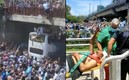 El aficionado cayó desde un puente al tratar de saltar al autobús de los campeones. Fotos: (Especial)