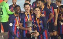 Dembélé, Lewandowski y Gavi (AFP).