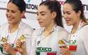 Daniela Gaxiola, Yuli Verdugo y Jessica Salazar, presumen su medalla dorada. Foto: (Especial)
