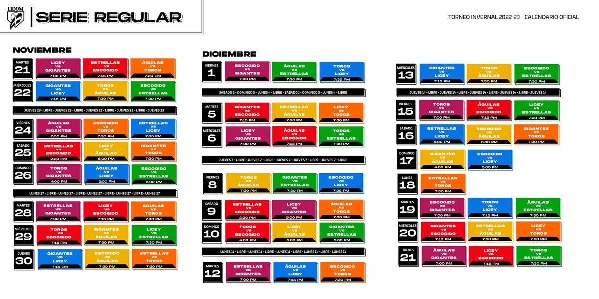Calendario de la pelota invernal LIDOM 2023-2024