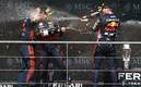 Checo Pérez y Max Verstappen festejan luego de hacer el 1-2 en el GP de Bélgica. Foto: (Reuters)