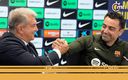 Laporta y Xavi en la conferencia donde se anunció la continuidad de Hernández. (EFE)