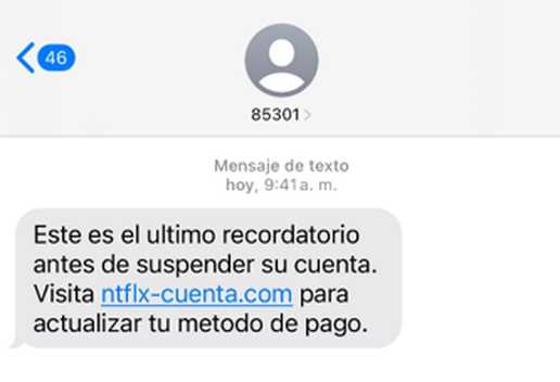 Así lucen los mensajes de texto fraudulentos que buscan hurtar cuentas de Netflix. Foto: Kaspersky