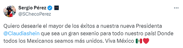 Checo Pérez le dedicó unas palabras a la nueva presidenta de México (Foto: Captura)