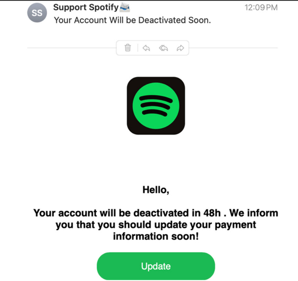 Así lucen los mensajes falsos de Spotify que usan ciberdelincuentes. Foto: ESET