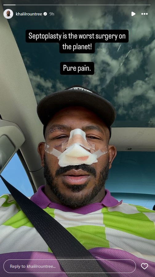 "¡Septoplastia es la peor operación de todas! Dolor puro", escribió Khalil en su historia de Instagram. Foto: @khalilrountree