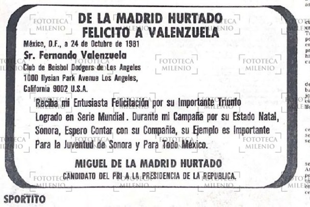 Publicación de La Afición con invitación de Miguel De La Madrid (Archivo Milenio)