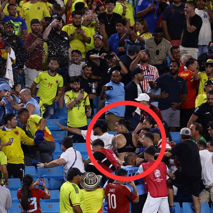 Jugadores de Uruguay suben a la tribuna y se agarran a golpes con aficionados de Colombia. (Foto: AFP)