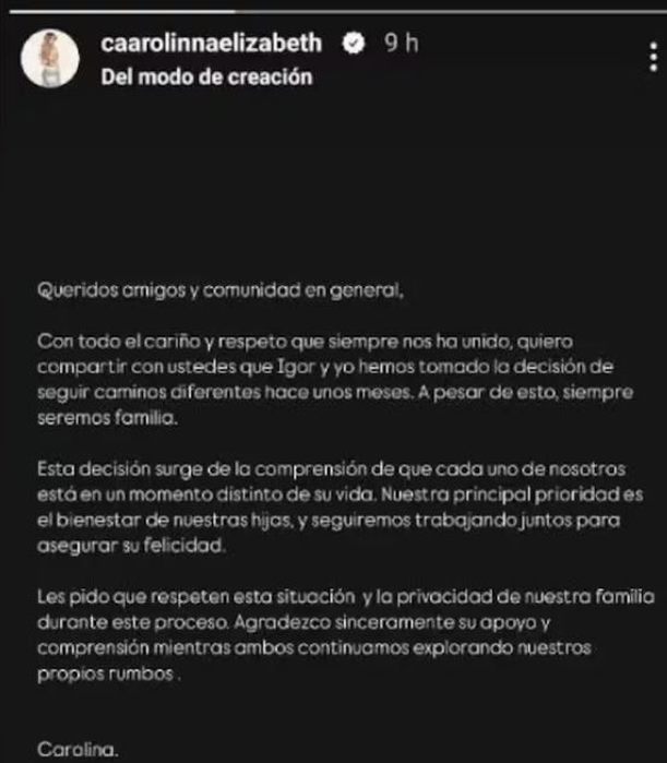 Publicación de la ex esposa de Igor Lichnovsky (@caarolinnaelizabeth)