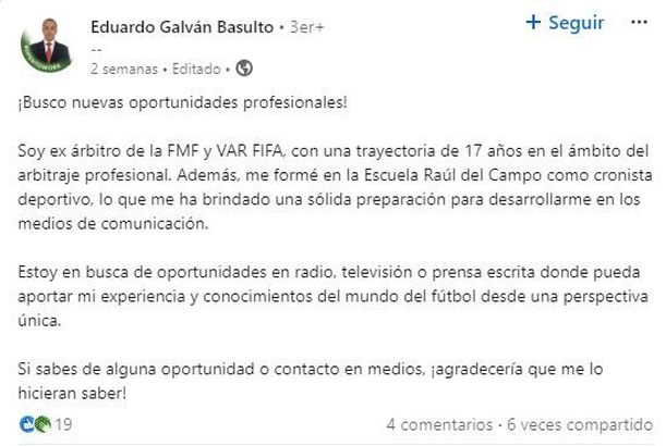 Publicación de Eduardo Galván en LinkedIn