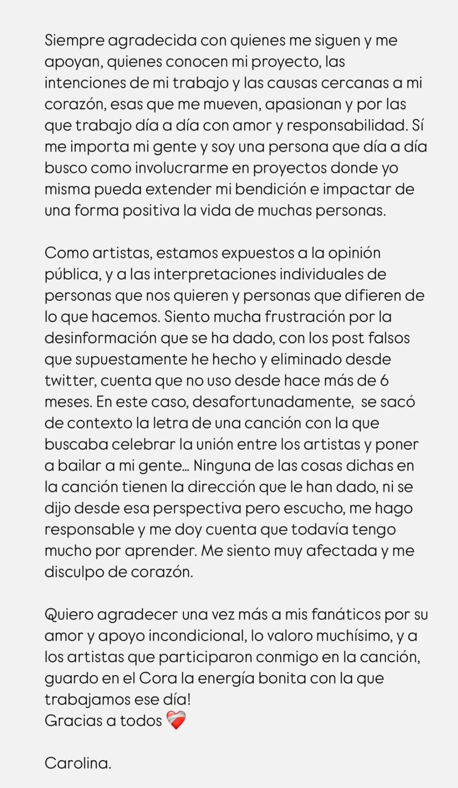 Karol G publicó un comunicado a través de su cuenta de Instagram. Foto: @karolg