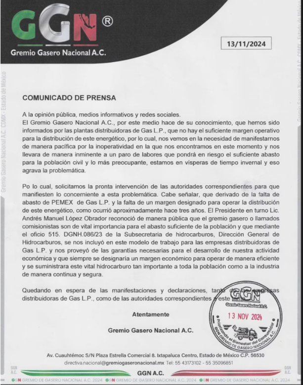 Anuncio del Gremio Gasero Nacional de paro de actividades